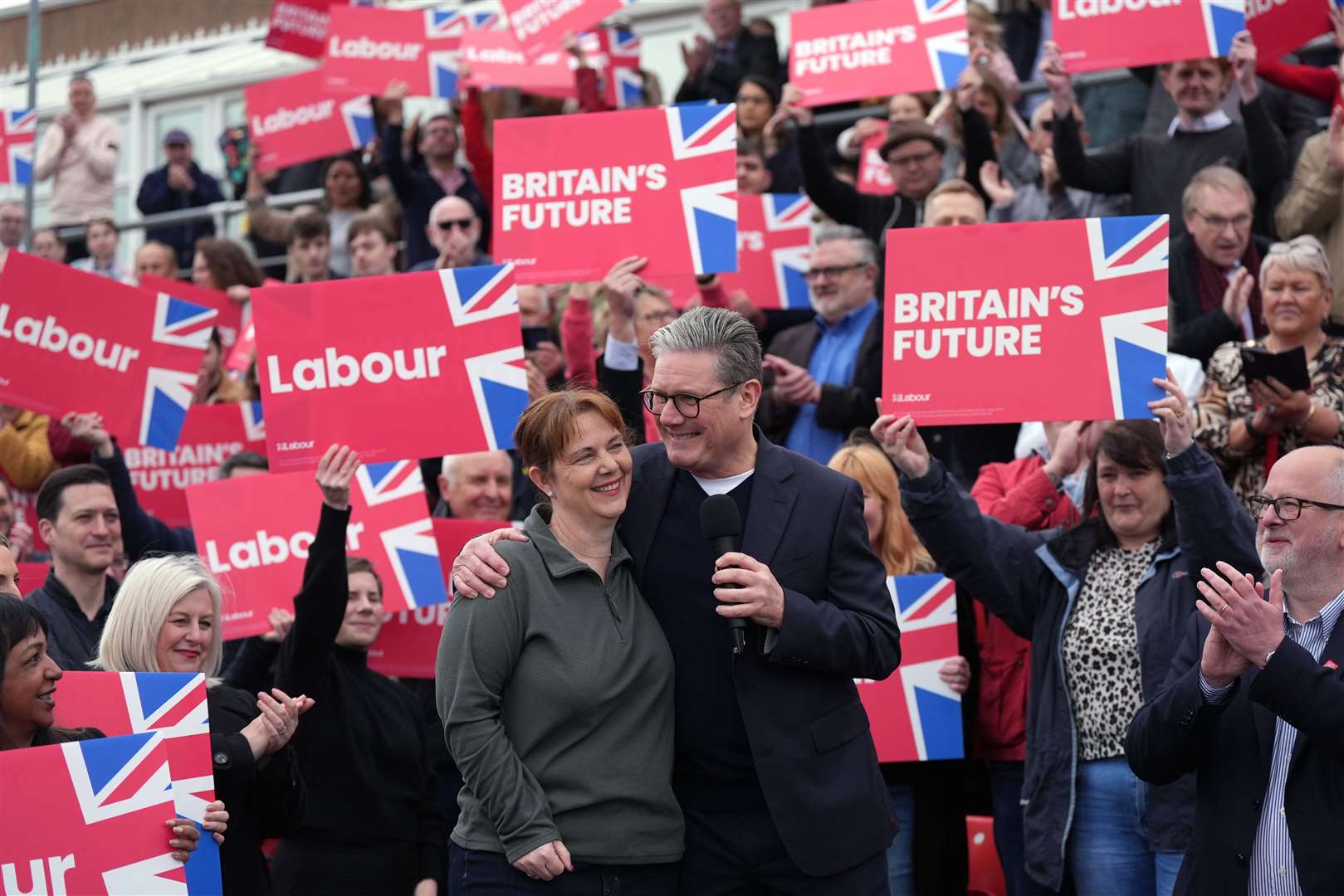 Sir Keir Starmer celebrating the victory of Labour’s Claire Ward in the East Midlands mayor contest (Jacob King/PA)