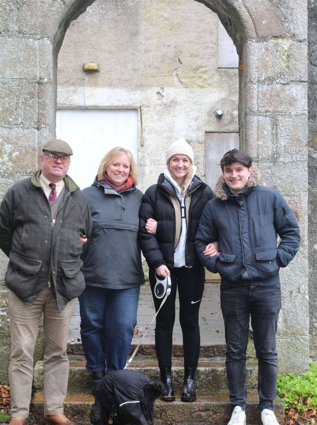 Gavin, Pamela, Roisean and Conall Farquhar at Westhall's 16th century archway on Sunday's gardens open afternoon near Oyne. Picture: Griselda McGregor