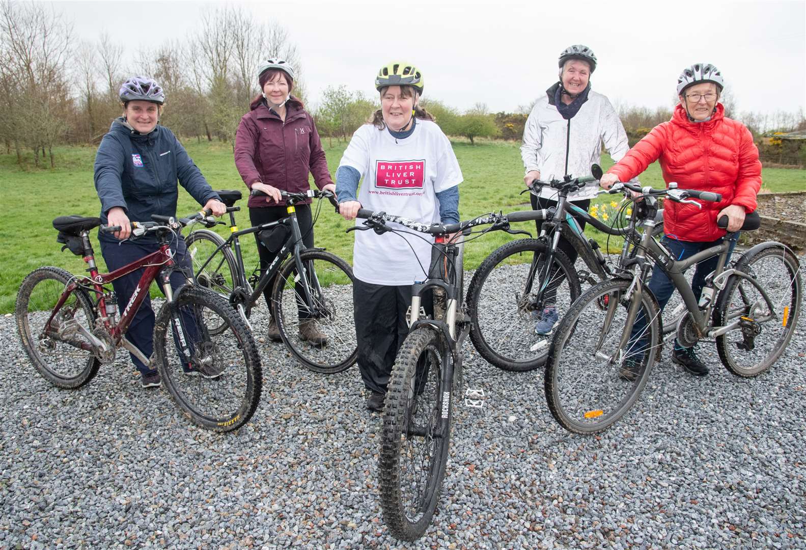 Ahead of her Lands End to John O'Groats 1300-mile cycle, Grange's Yvonne Marsay (centre) is getting her training in with four friends (from left) Claire Alldritt, Eileen Rodgers, Annabel Ross and Barbara Stearn. Picture: Daniel Forsyth.