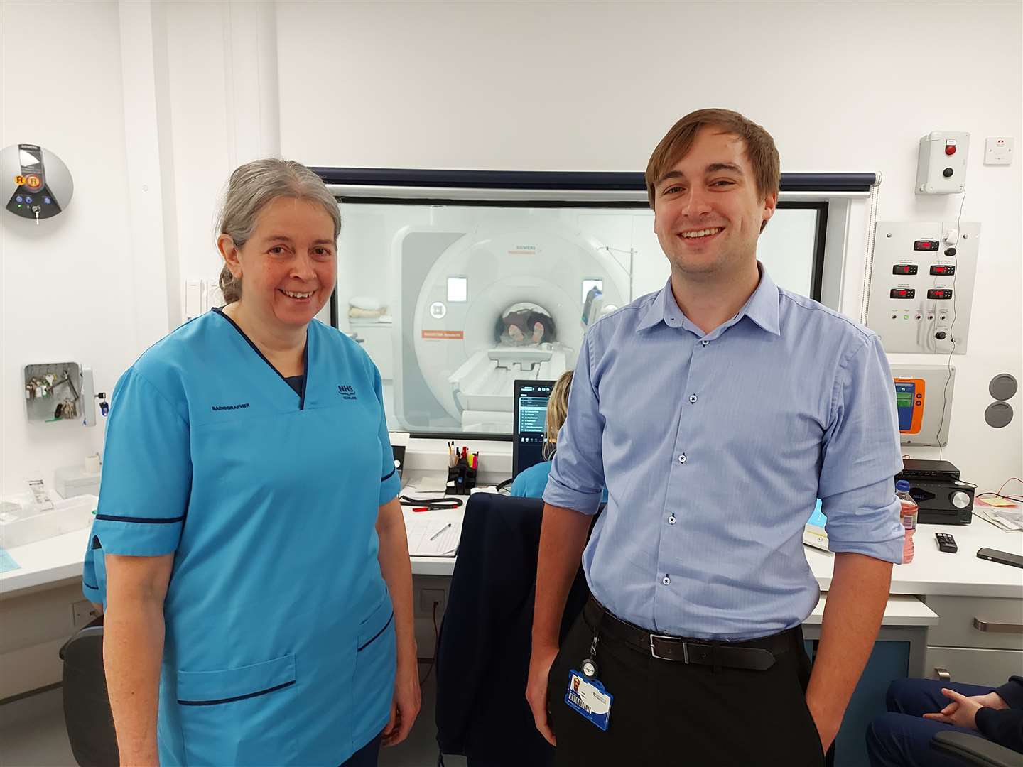 Superintendent MRI radiographer Laura Farquharson and clinical scientist Mark Pether in the control room of the Hutchison MRI Centre. Picture: NHS Grampian