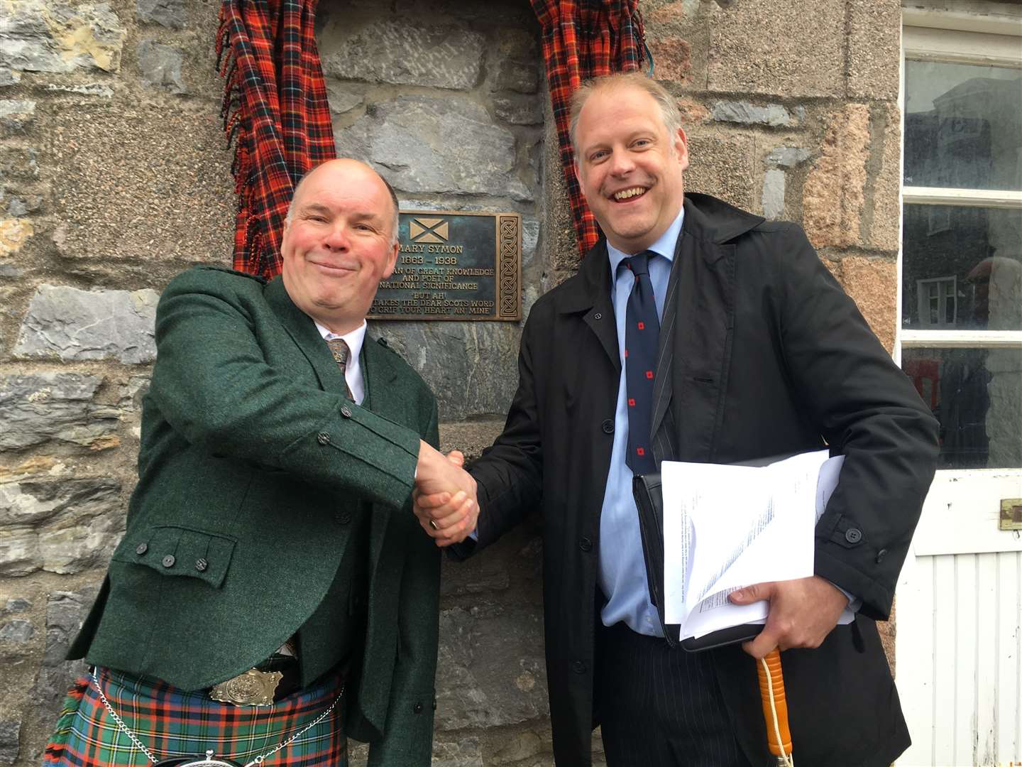 Neil McLennan , chairman of Scotland's War Poets Memorial committee, and Jim Nicol of Dufftown Community Council at the unveiling of the Mary Symon plaque as part of 2014-2018 commemorations.
