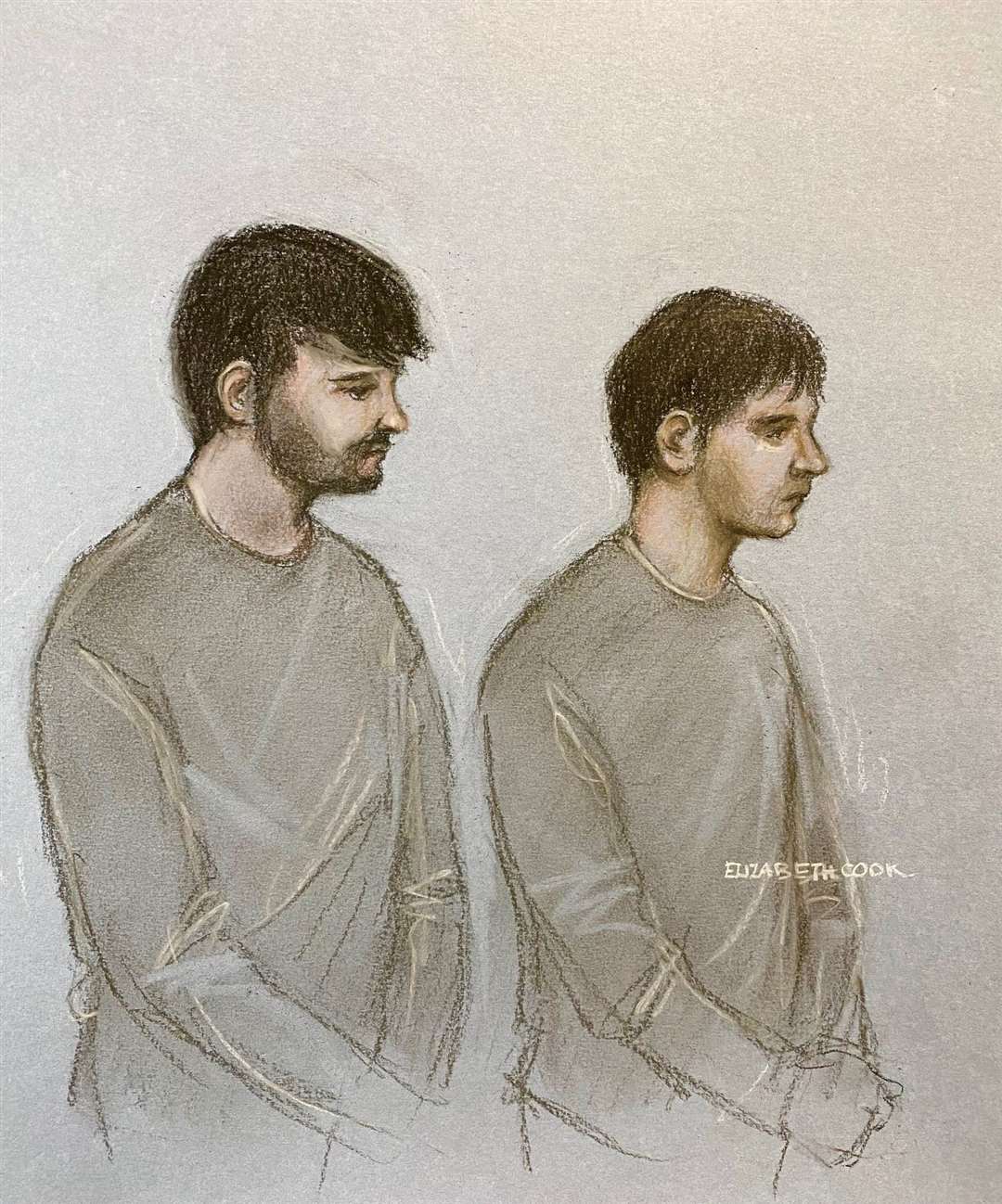 Court artist sketch of Dmitrijus Paulauska (left) and Jake Reeves appearing at Westminster Magistrates’ Court (Elizabeth Cook/PA)