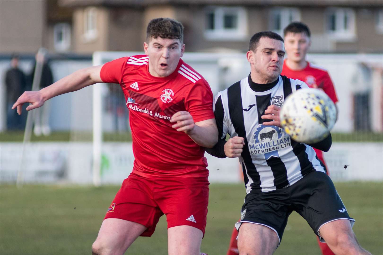 Former Lossiemouth defender Fergus Edwards (left) scored Islavale’s cup semi-final winner. Picture: Daniel Forsyth