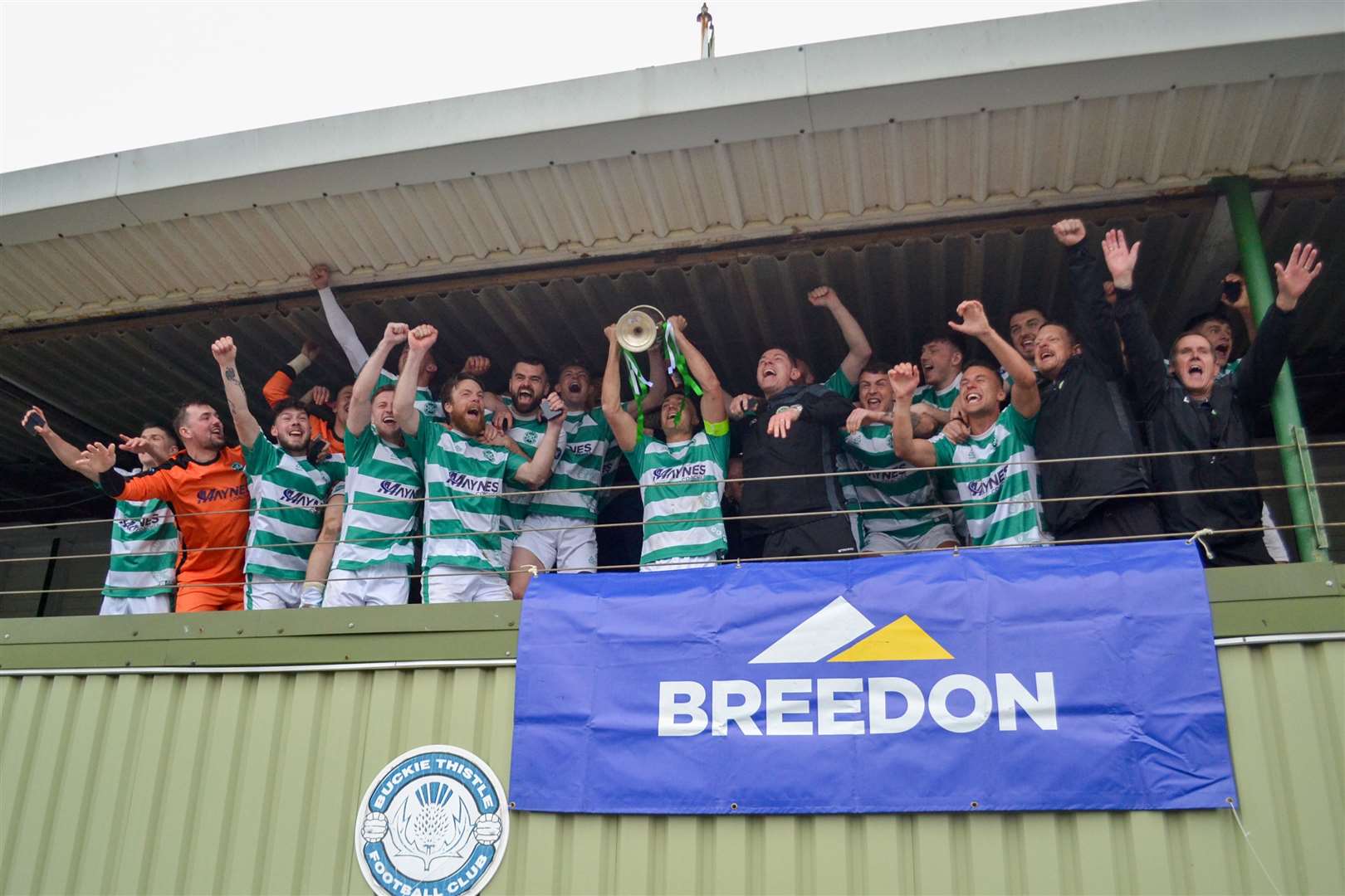 Buckie Thistle lift the 2023-24 Highland League trophy after a 1-0 victory over Keith at Victoria Park. Picture: Tyler McNeill