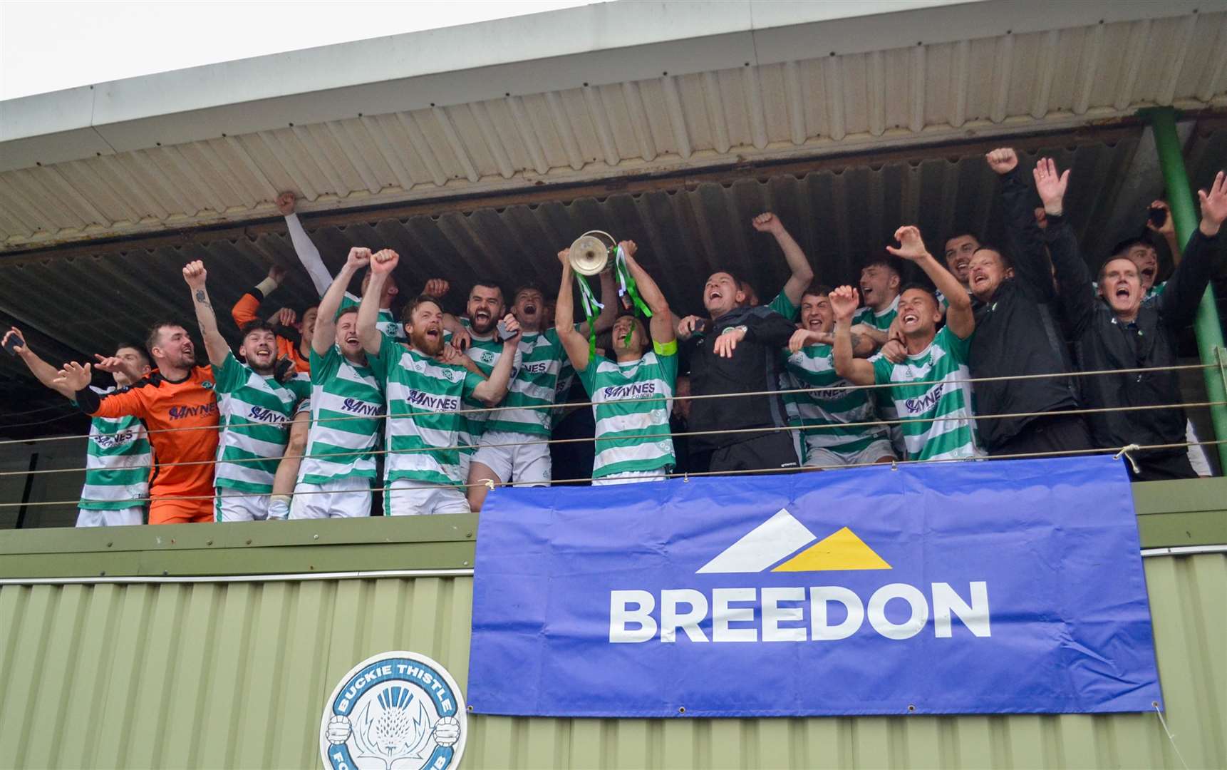 Buckie Thistle lift the 2023-24 Highland League trophy after a 1-0 victory over Keith at Victoria Park. Picture: Tyler McNeill
